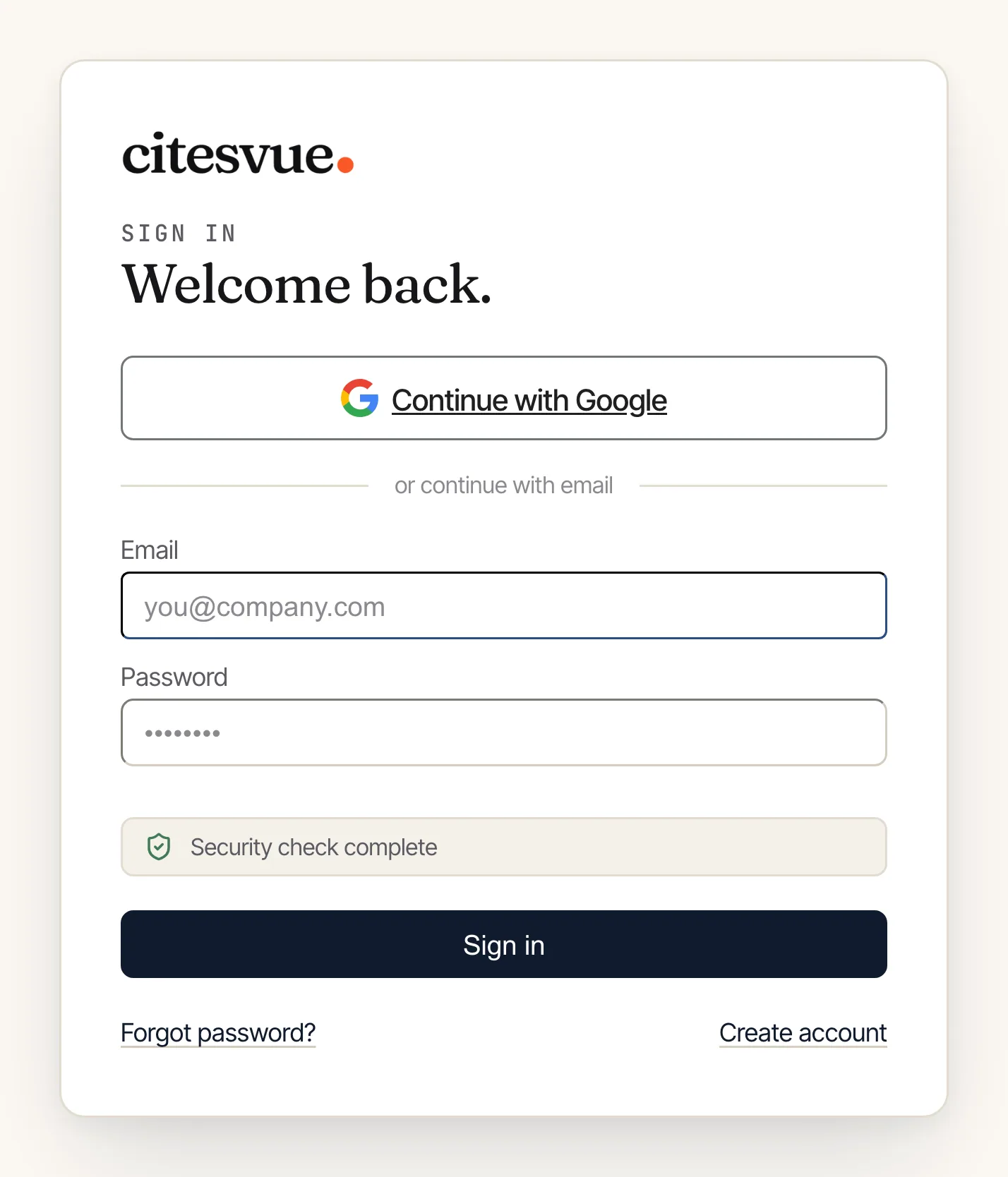 The Citesvue sign-in screen with email and password fields