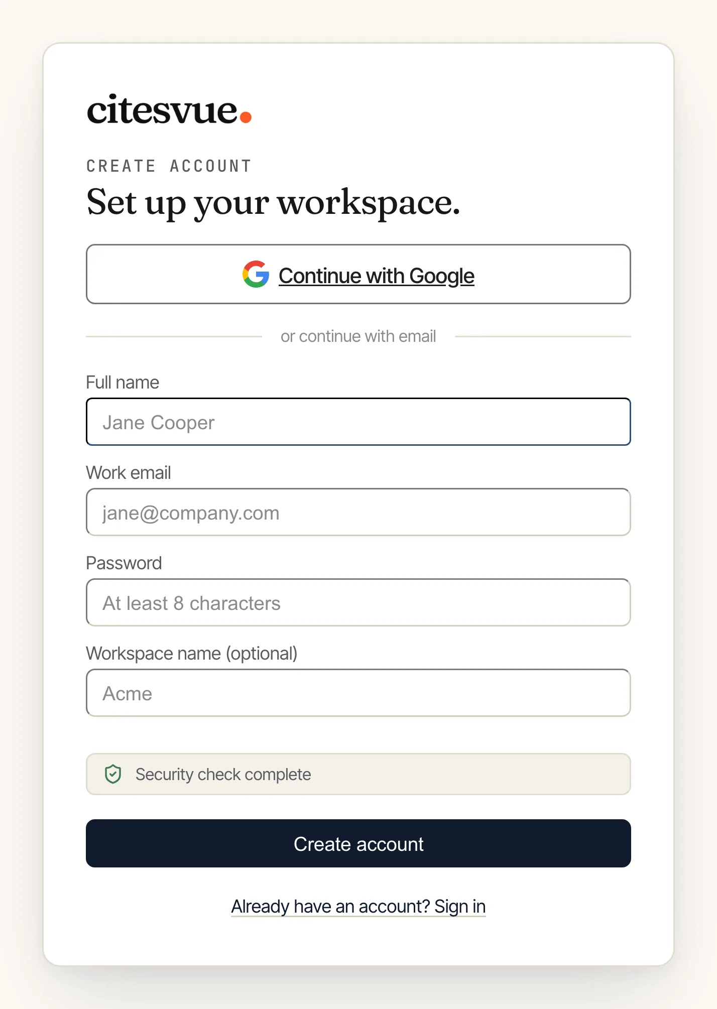 The Citesvue signup form for creating a new workspace