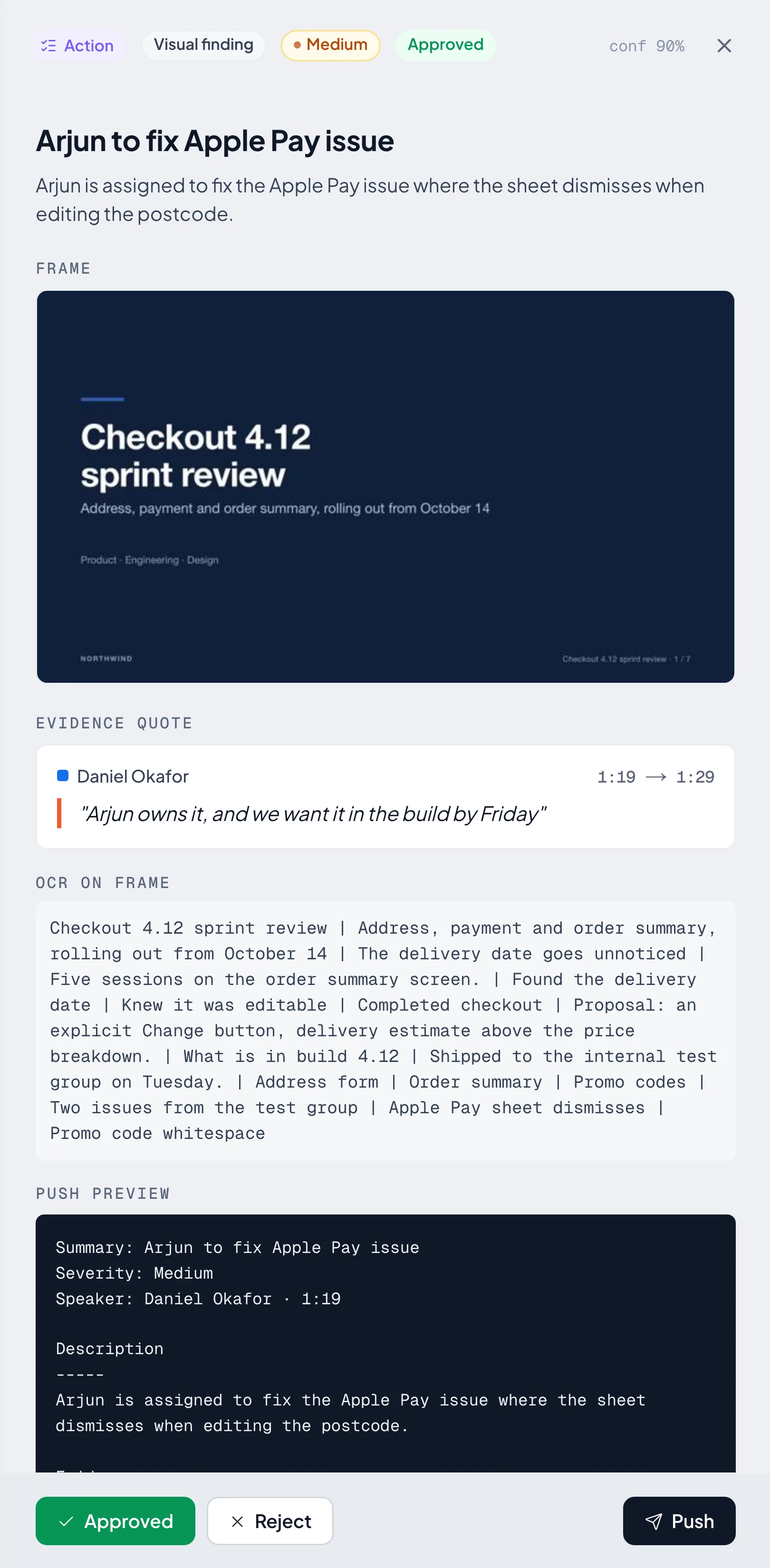 A finding with its quote and push preview