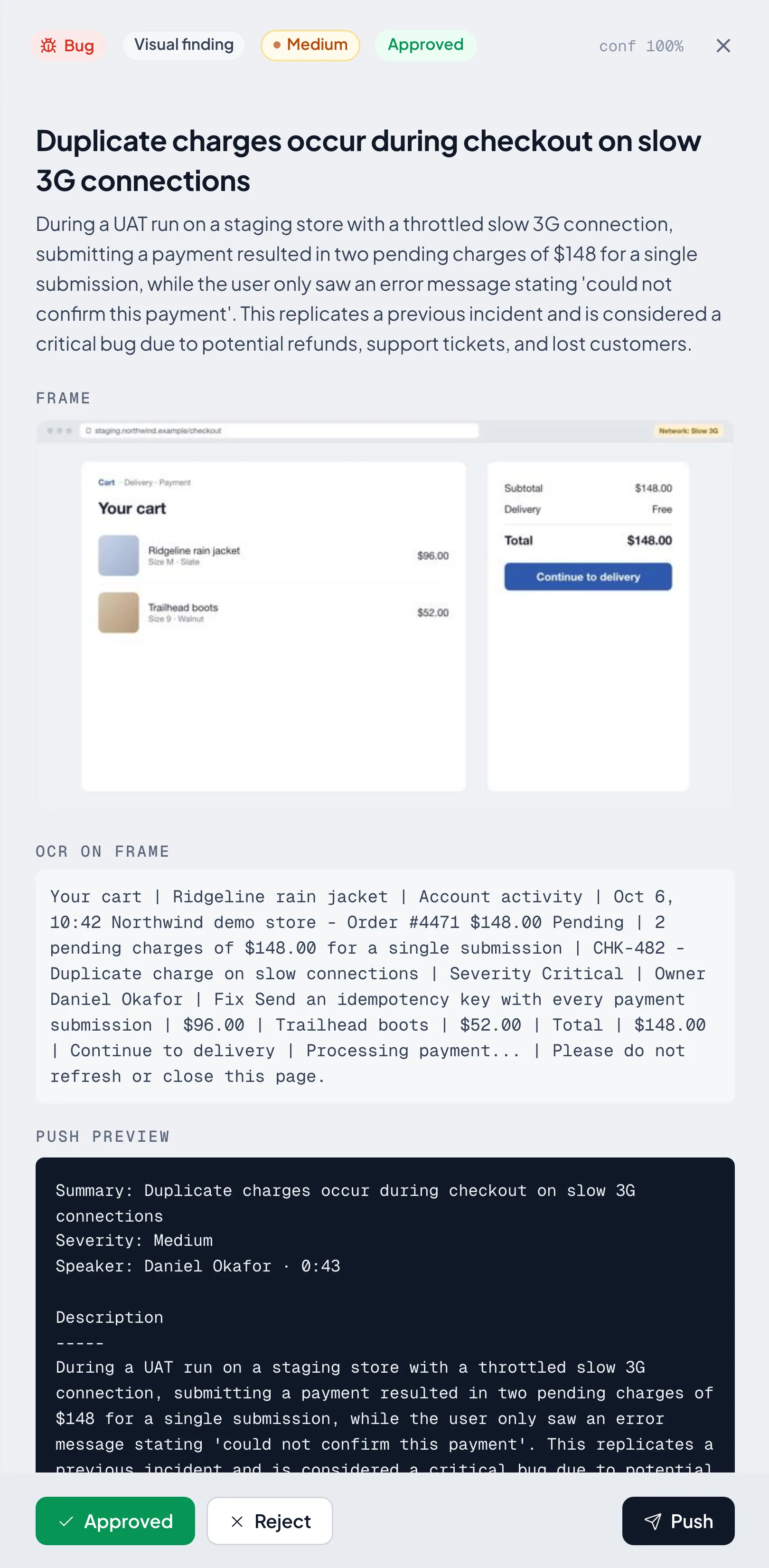 A bug finding with its screen frame and on-screen text