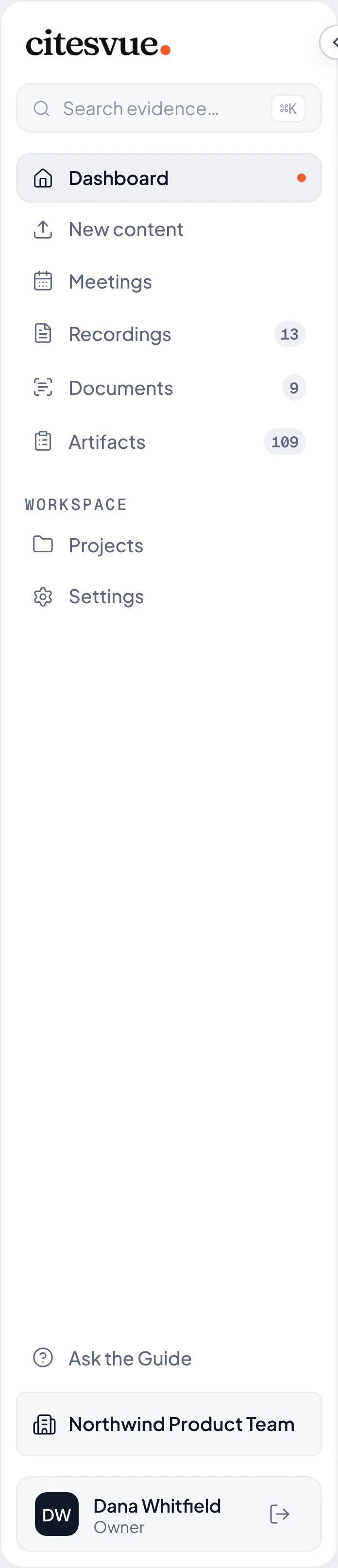 The Citesvue sidebar navigation