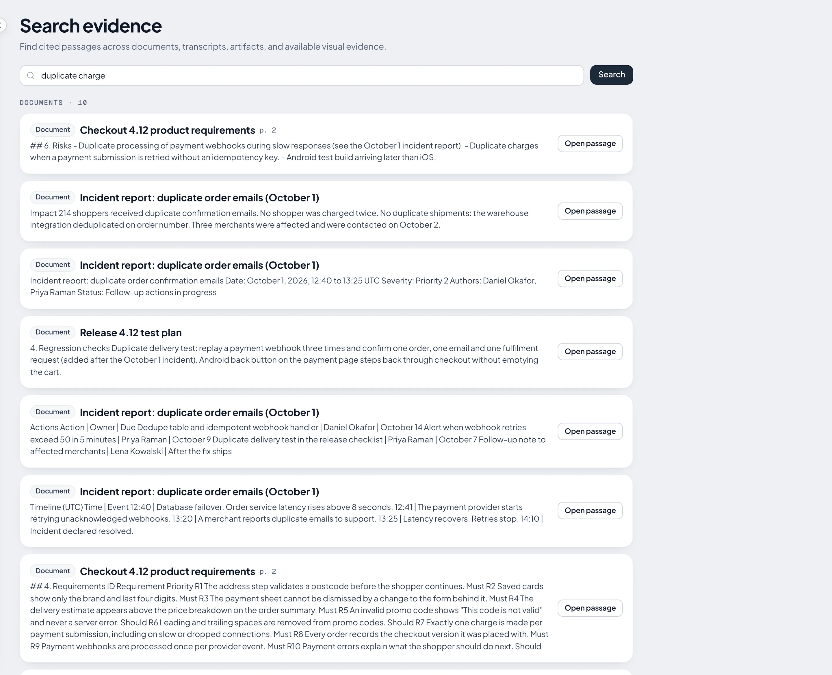 Search results grouped into documents and moments