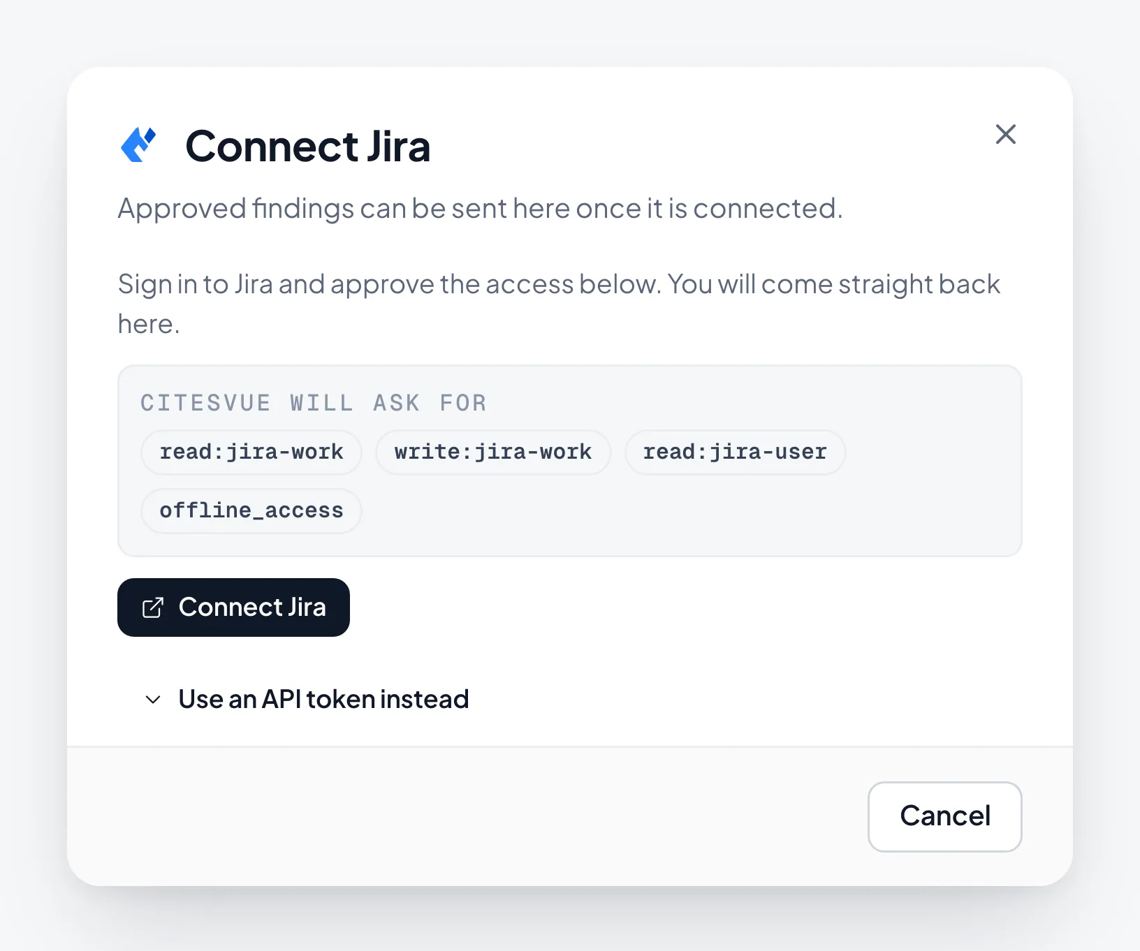 The Jira connect dialog