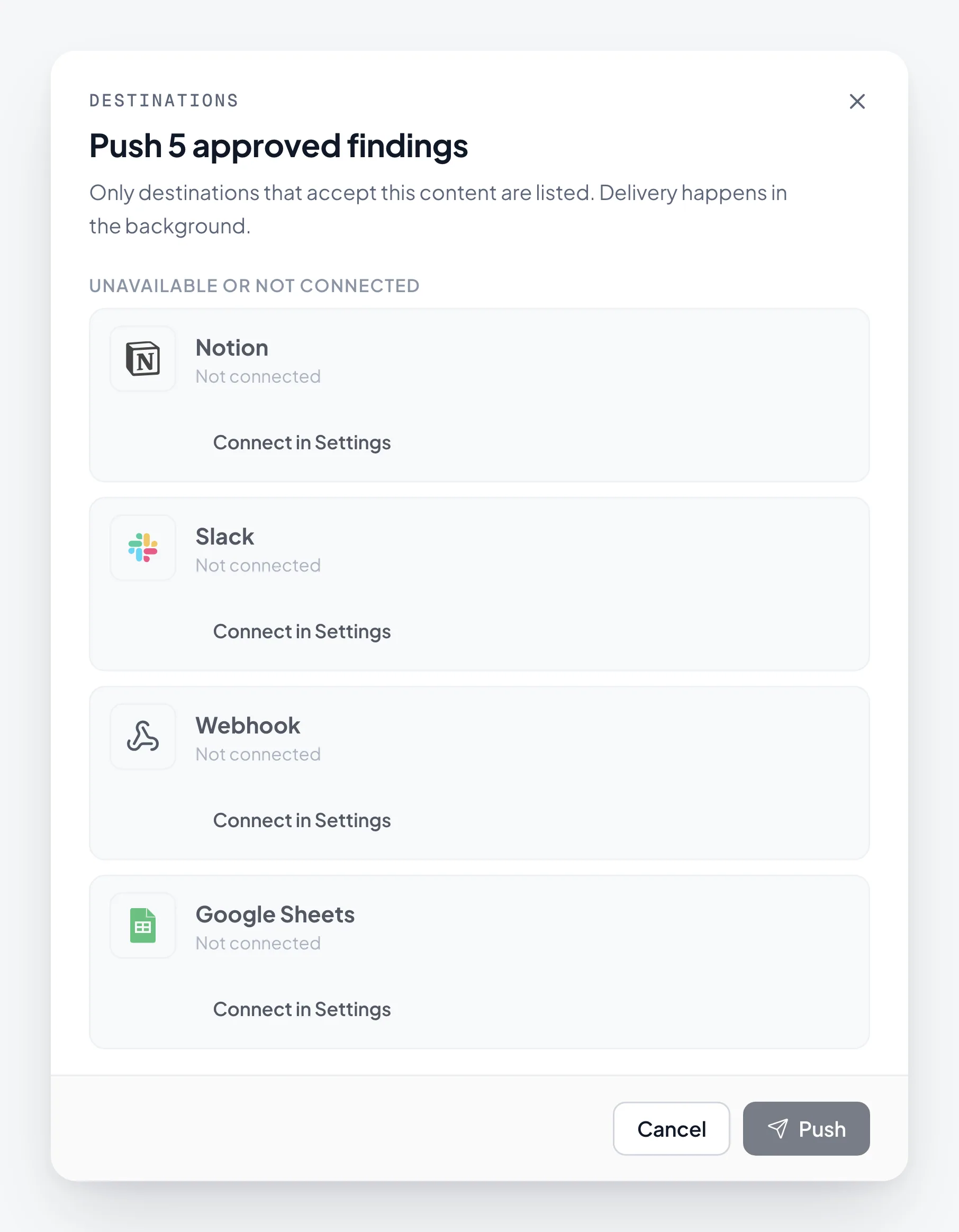 The push dialog listing destinations