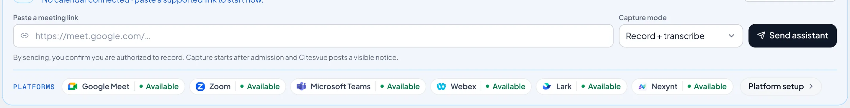 Pasting a meeting link to send the Citesvue assistant