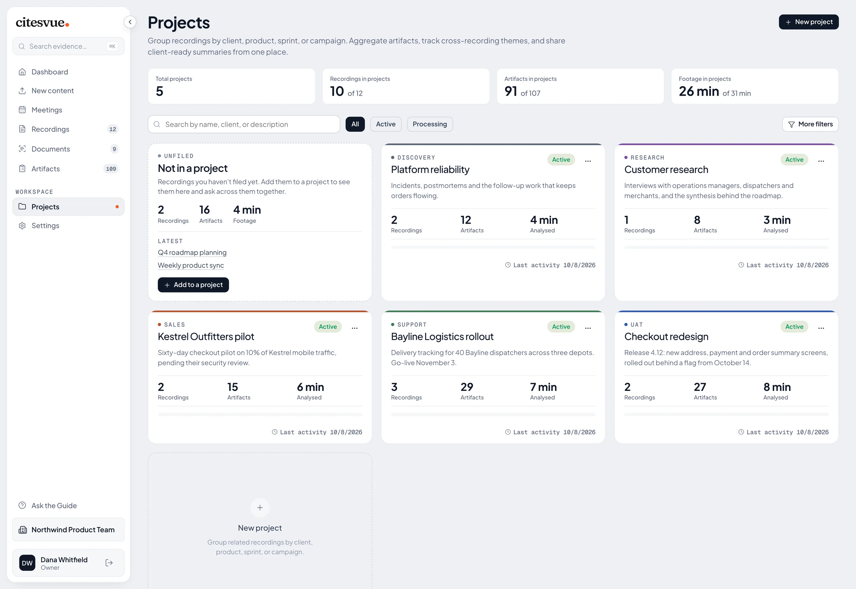 The Projects page with project cards
