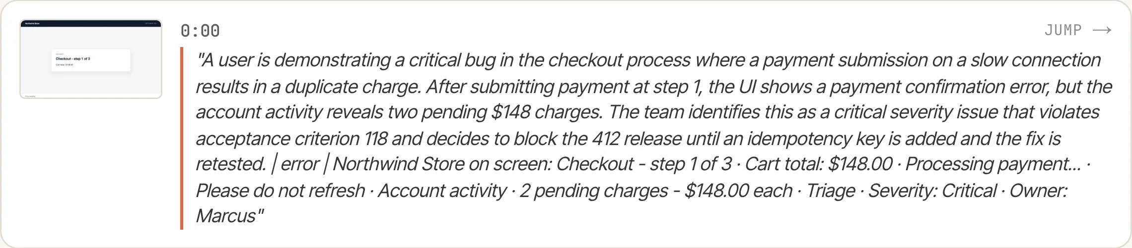A cited answer showing the supporting quote, speaker, and timestamp