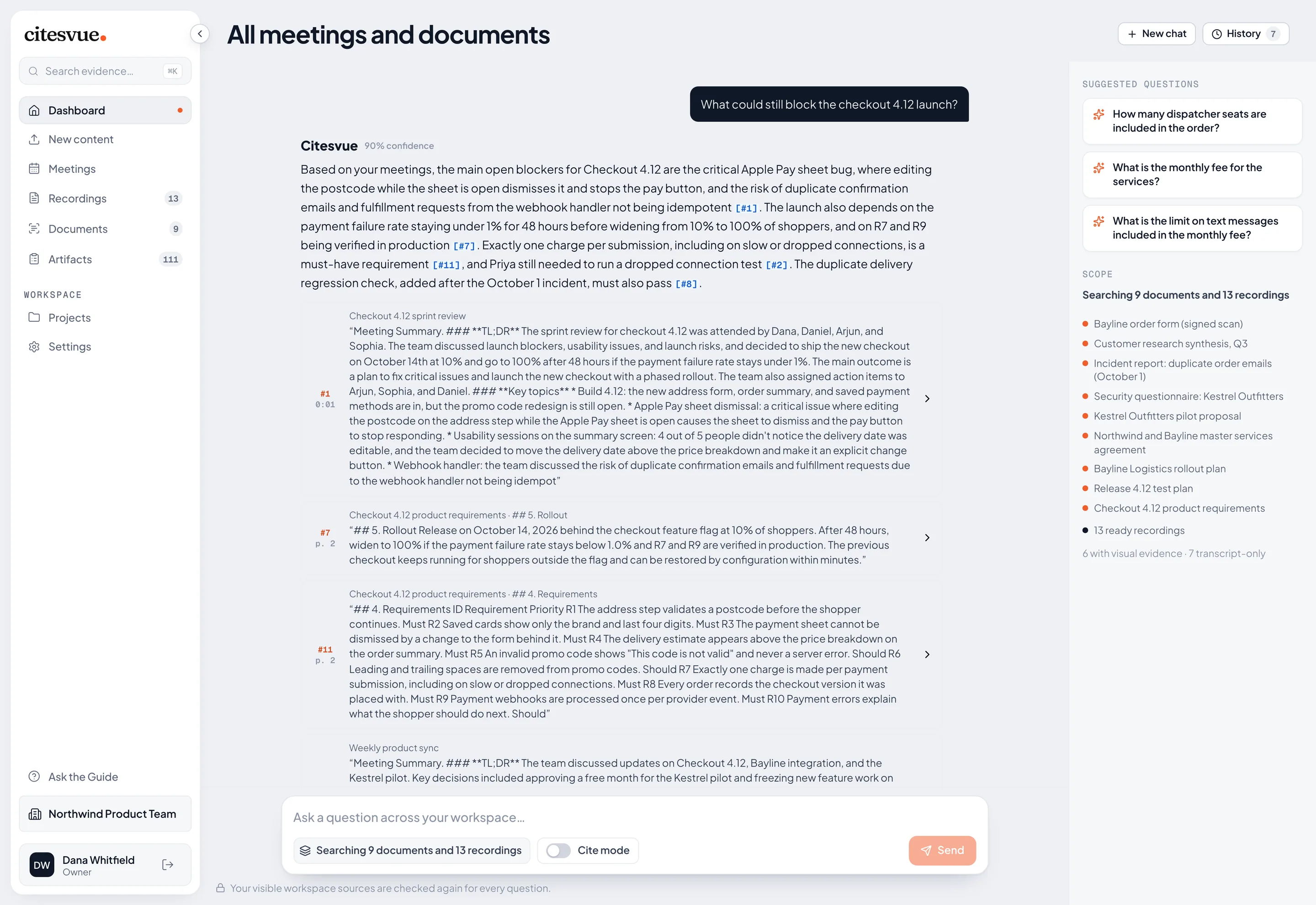 A workspace answer citing several recordings and documents