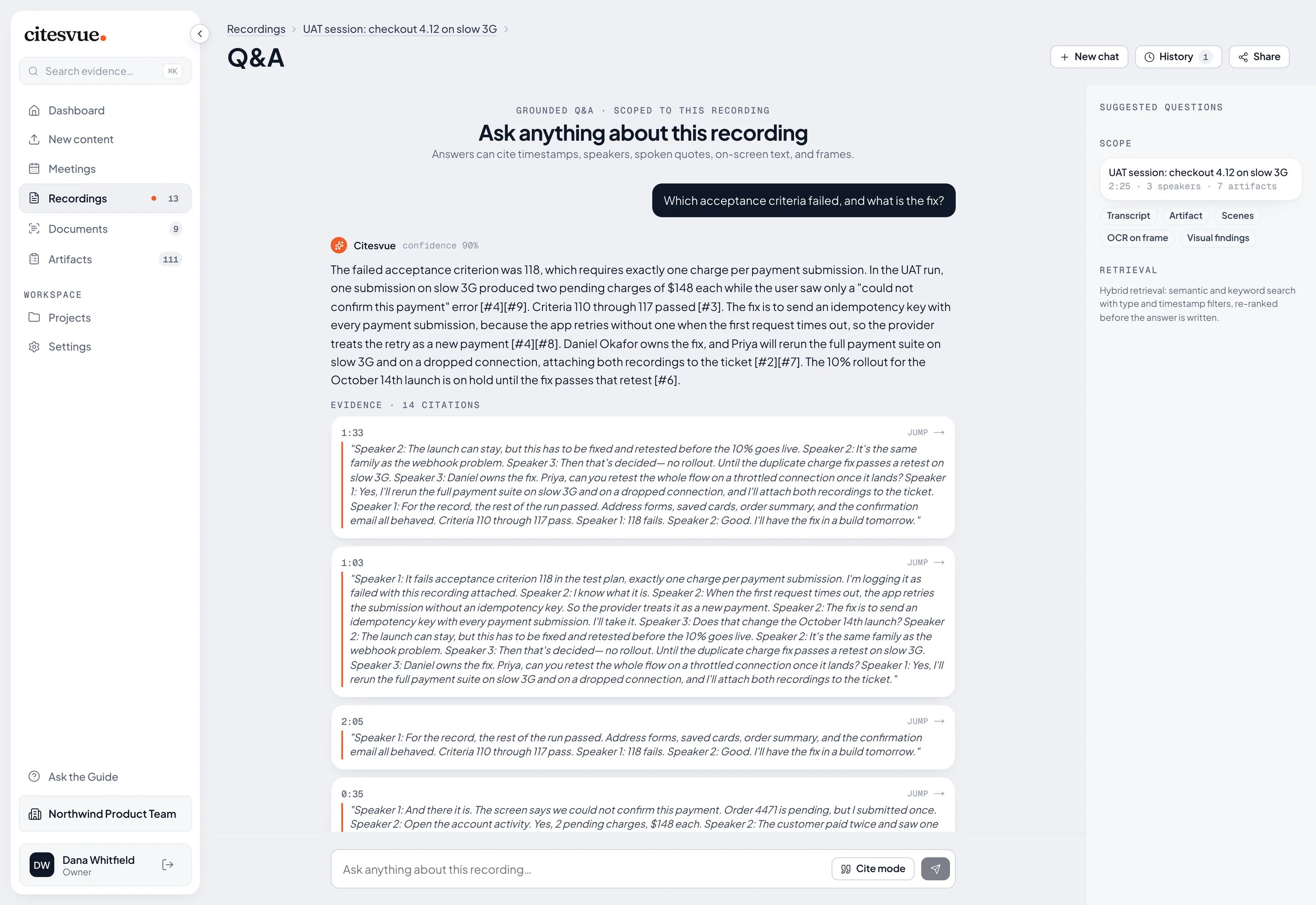 A recording answer with citation cards