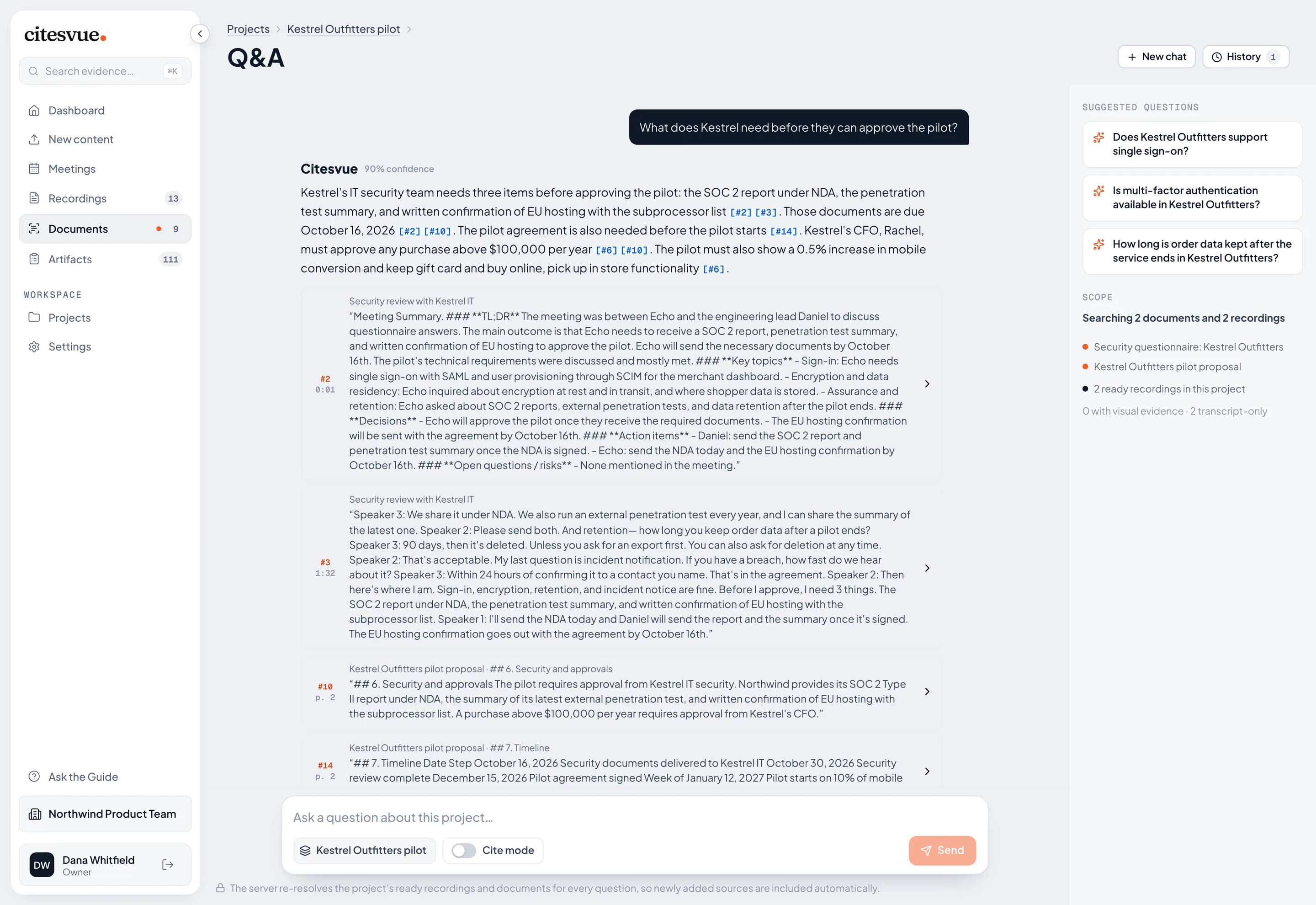 An answer across a sales deal project with citations