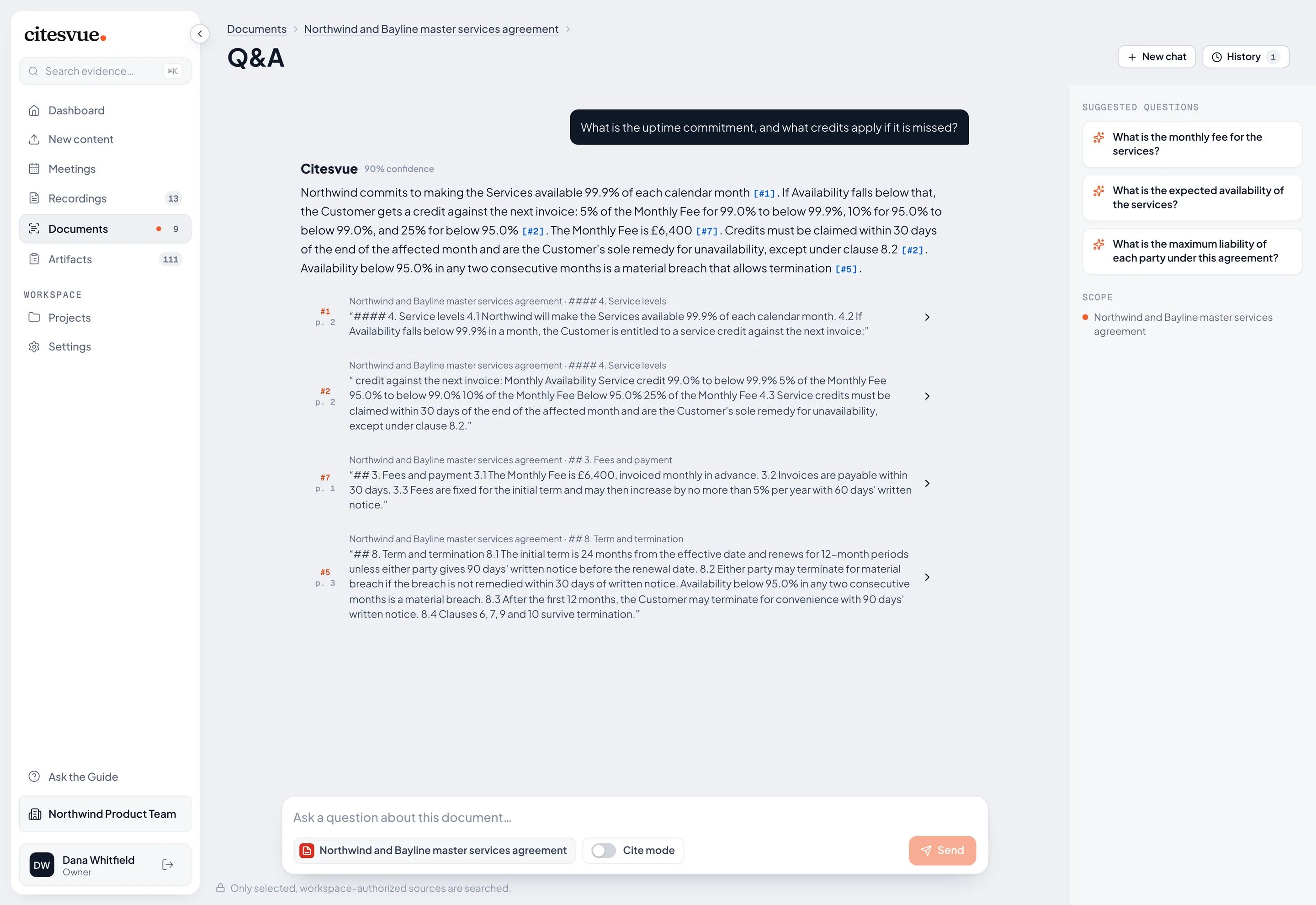 A document answer citing pages of a contract