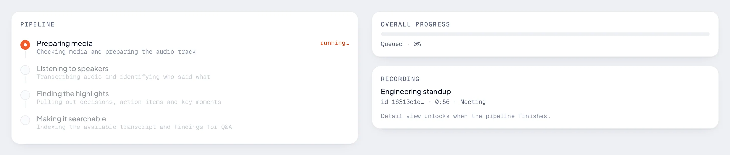 The processing screen with its stages and overall progress
