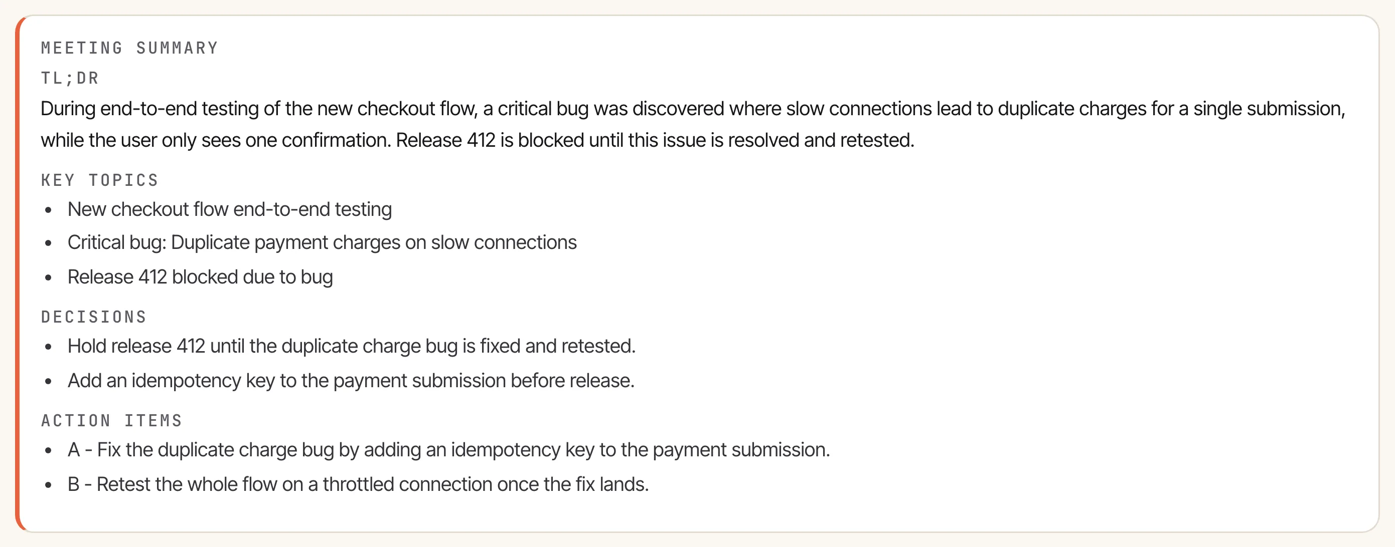 A recording recap with a meeting summary and key outcomes