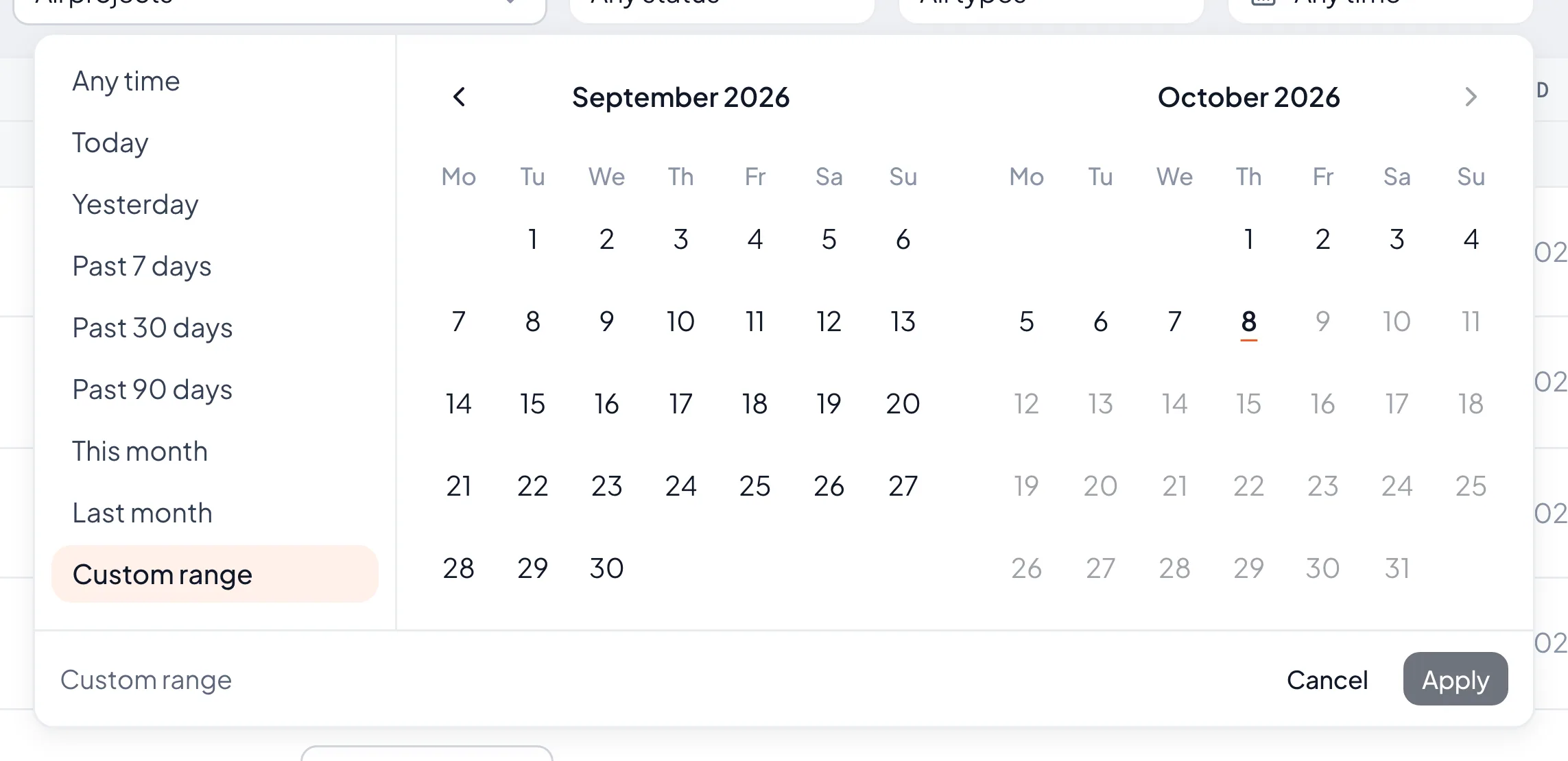 The Recordings date filter with presets and a range calendar