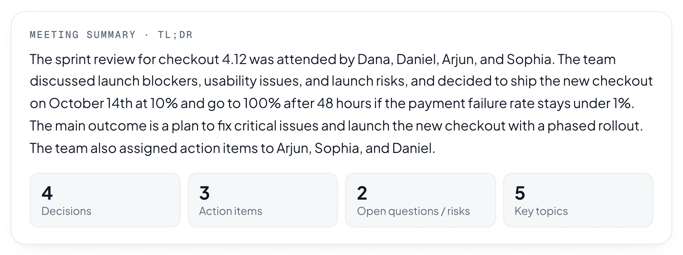 A recording recap with decisions and action items