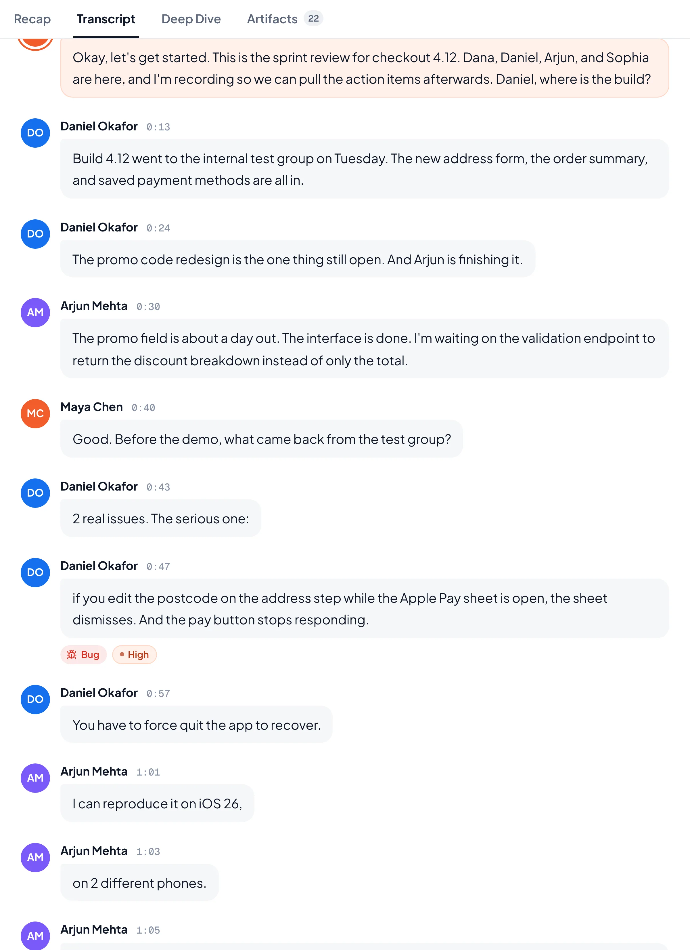 A recording transcript with named speakers and timestamps