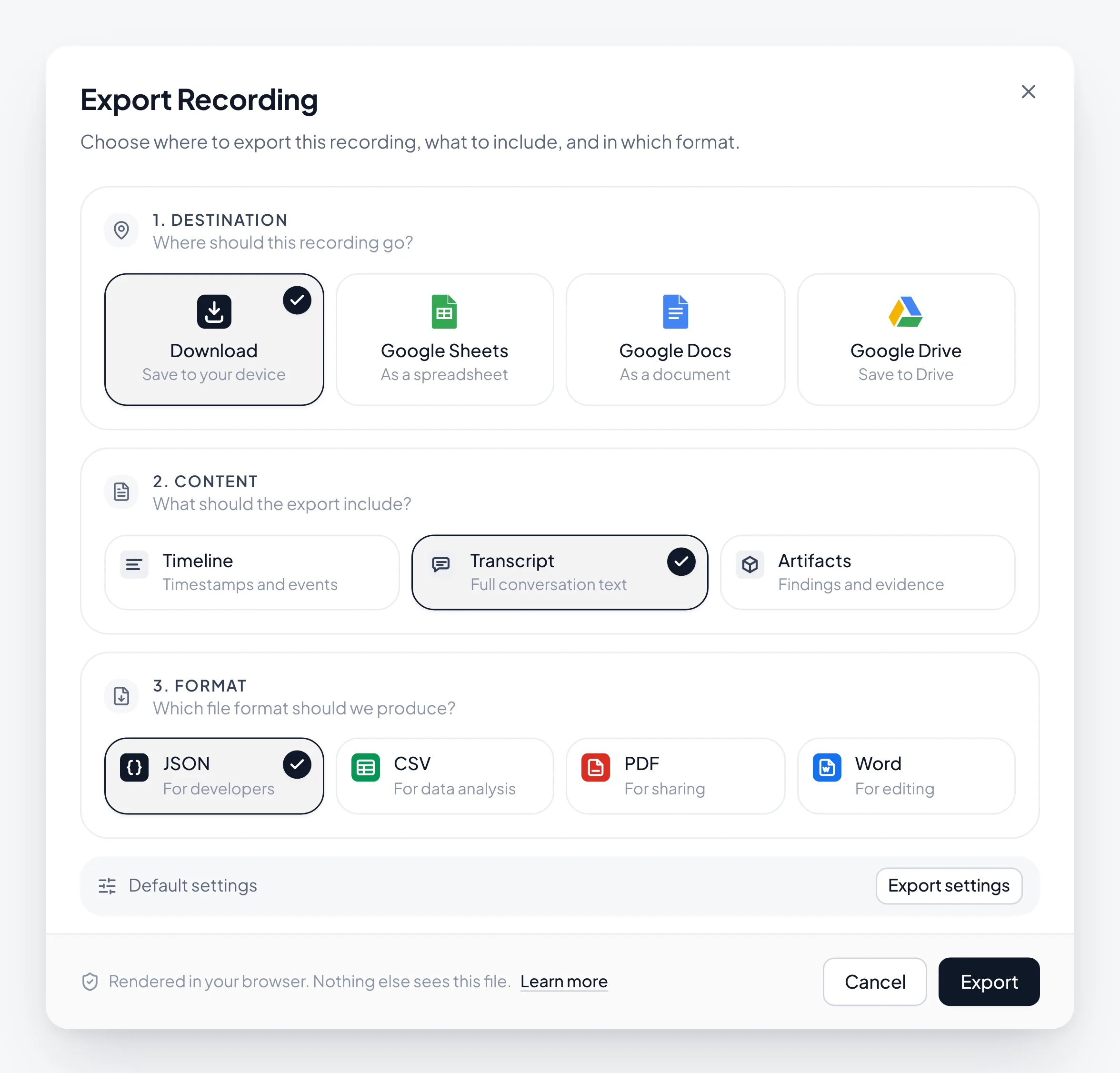 The export dialog with destinations, content, and formats
