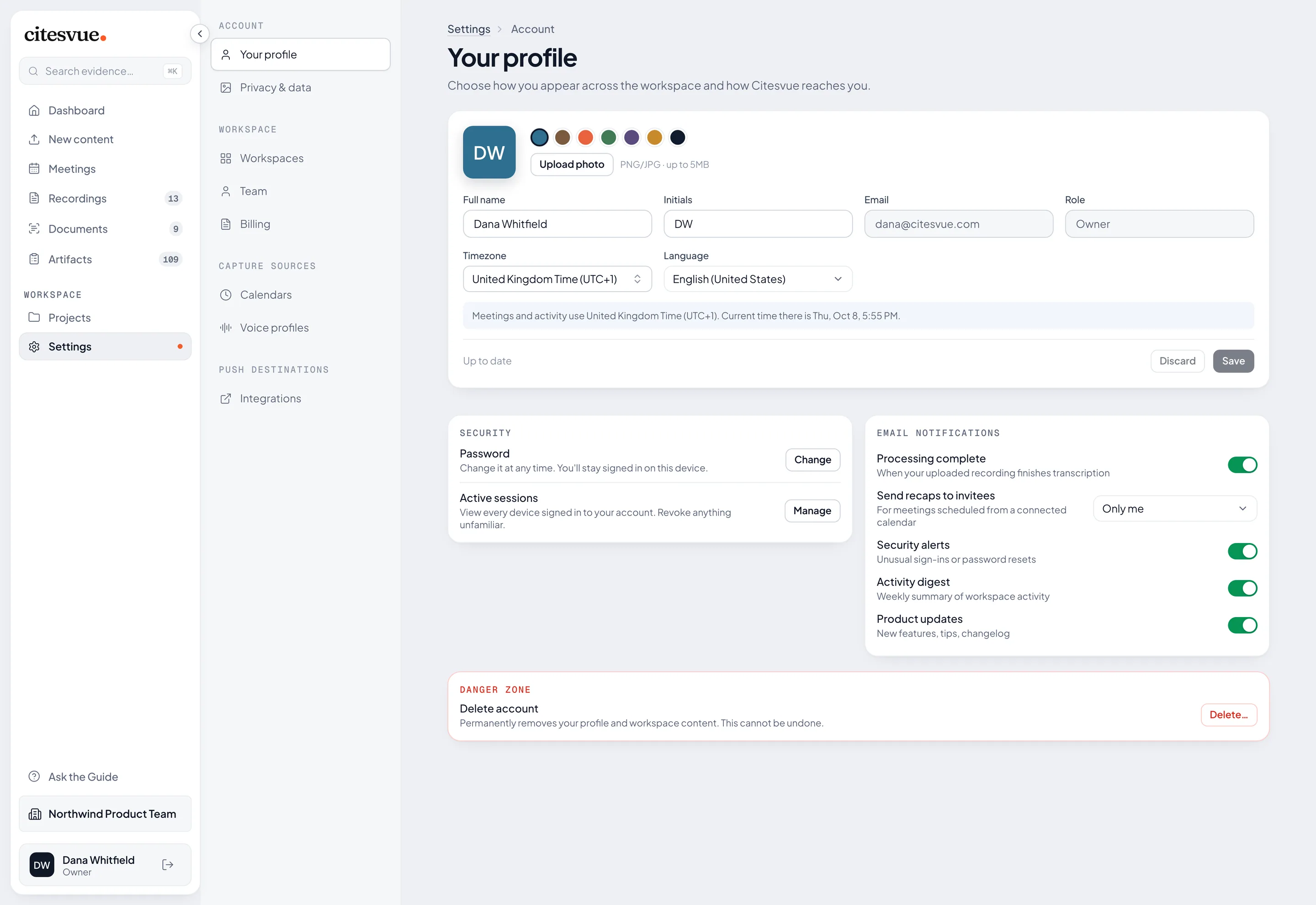 Profile settings with time zone, language, and security