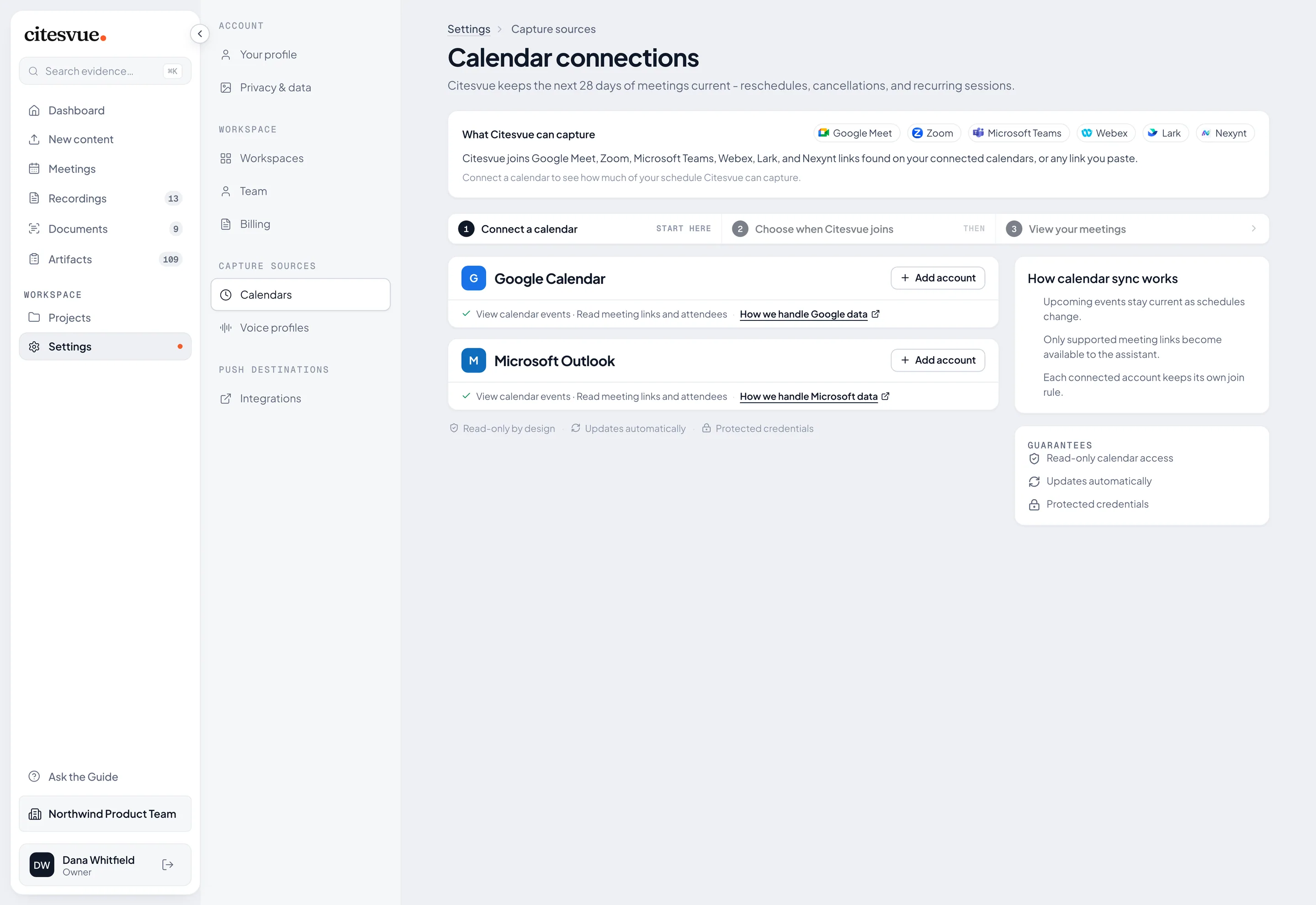 Calendar connection settings